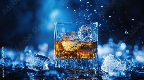 Splash of Whiskey and ice cubes blue background.