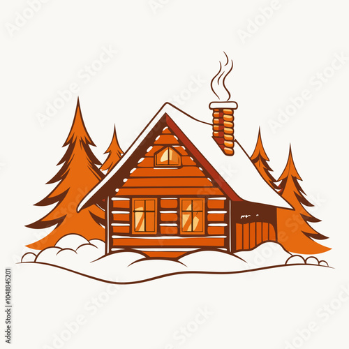 Cozy wooden house with snowy roof in winter forest landscape