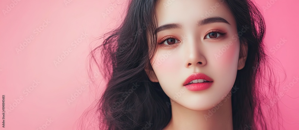 Fototapeta premium Portrait of a beautiful Asian woman against a pink background embodying a love concept for Valentine s Day. with copy space image. Place for adding text or design