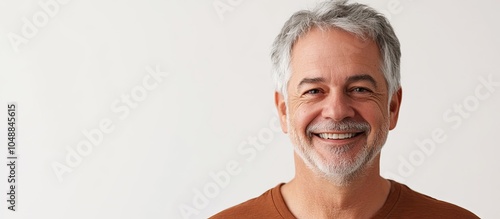 Portrait of a cheerful older man smiling casually a mid age individual with gray hair set against a white background copy space
