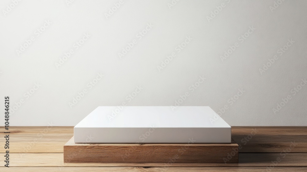 Square podium with white surface and wooden floor base, isolated for a clean, professional look. Square podium with white surface and wooden floor base, isolated for a clean, professional look.