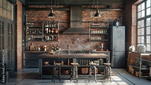 Industrial Loft Kitchen with Exposed Brick Walls and Industrial-Style Furnishings