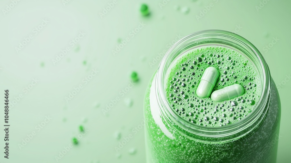 A green smoothie with a pill dissolving inside A green smoothie with a pill dissolving inside