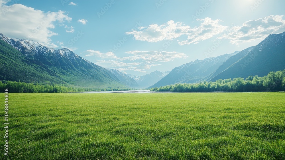 Expansive green lawn with a breathtaking view of a flowing river and distant mountains, ideal for advertising or nature-themed backgrounds. Expansive green lawn with a breathtaking view of a flowing river and distant mountains, ideal for advertising or nature-themed backgrounds.