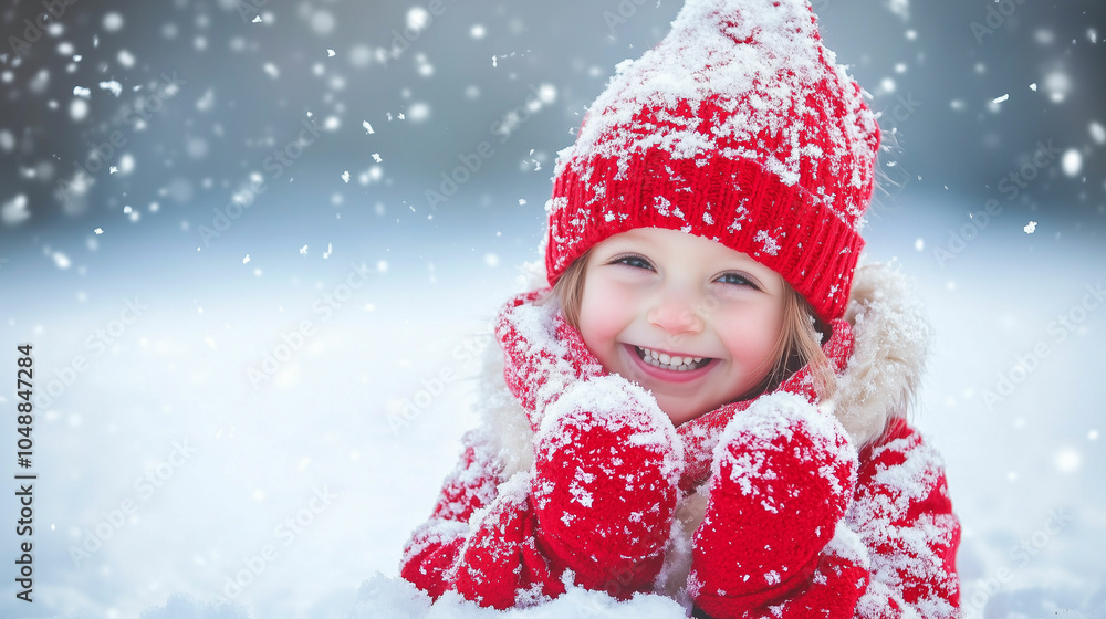 A happy child enjoying a snowy winter day while wearing a vibrant red scarf and mittens in a winter wonderland A happy child enjoying a snowy winter day while wearing a vibrant red scarf and mittens in a winter wonderland