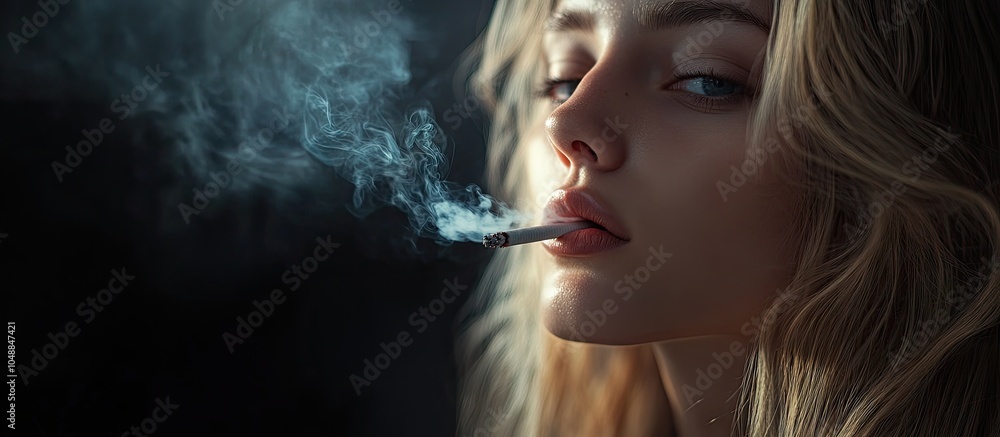 Fototapeta premium attractive blonde girl smoking in the darkness. with copy space image. Place for adding text or design