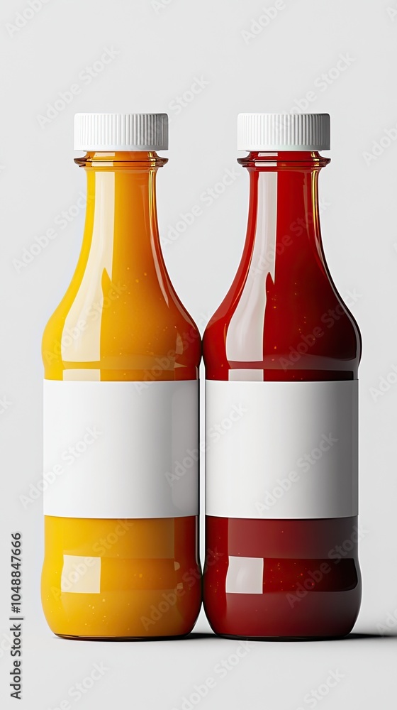 Two glass bottles with white caps and blank labels, one filled with yellow liquid and the other with red liquid, on a white background. Two glass bottles with white caps and blank labels, one filled with yellow liquid and the other with red liquid, on a white background.