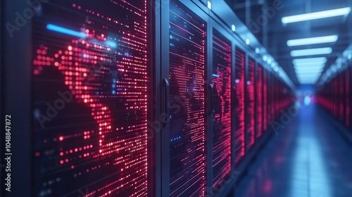 Futuristic data center with illuminated server racks showcasing vibrant red light patterns, representing advanced technology.