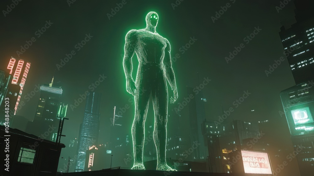 Fototapeta premium Towering statue illuminated by neon lights, set against a futuristic cityscape at night.