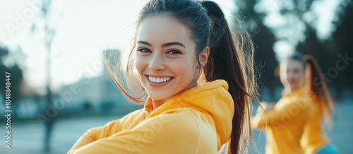 Smiling female athletes in ...