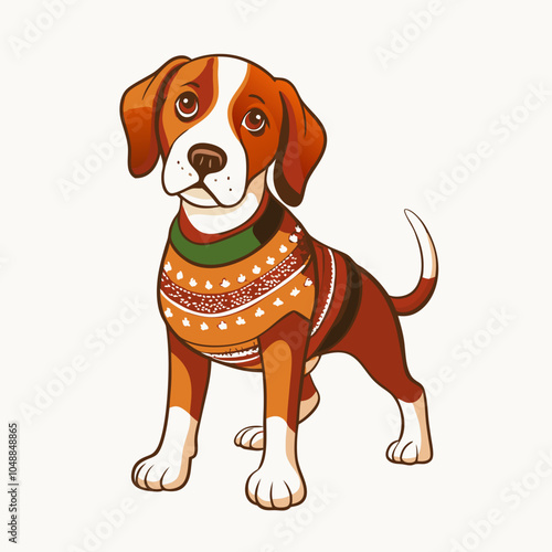 Beagle dog in patterned orange sweater looking forward.