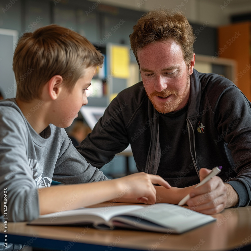 Teacher Helping Student With Homework in Classroom Teacher Helping Student With Homework in Classroom