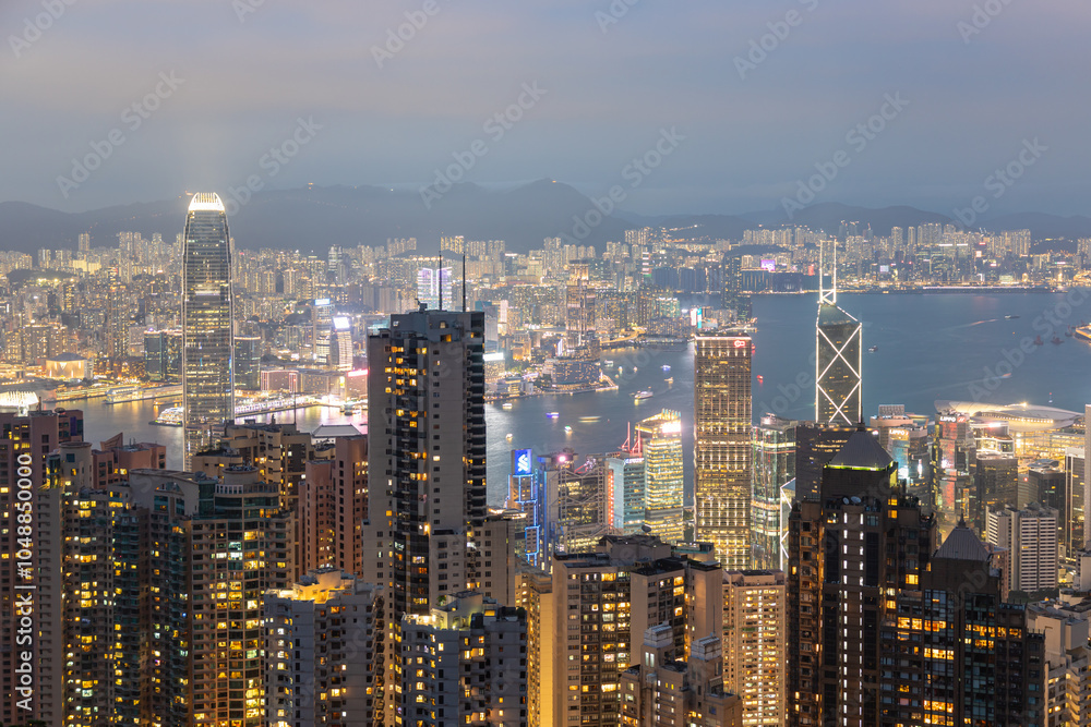 HONG KONG - MAY 5, 2024: Hong Kong city night view from Victoria Peak HONG KONG - MAY 5, 2024: Hong Kong city night view from Victoria Peak