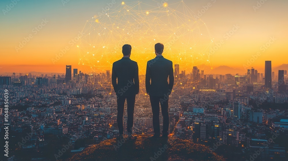 Two business partners standing together, overlooking a vibrant city skyline at sunset, symbolizing unity and ambition. Two business partners standing together, overlooking a vibrant city skyline at sunset, symbolizing unity and ambition.