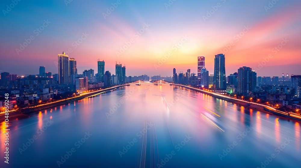 Urban skyline at night, city lights reflecting on the river, skyscrapers glowing,bustling cityscape Urban skyline at night, city lights reflecting on the river, skyscrapers glowing,bustling cityscape