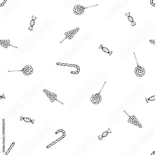 Seamless vector hand drawn ink pattern of lollipops and candy canes. Festive sweets background for Christmas designs, prints for confectioners, bakeries packaging, wrapping paper, textile