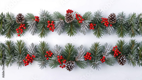 Snow-dusted pinecones and berries on frosted evergreen branches photo