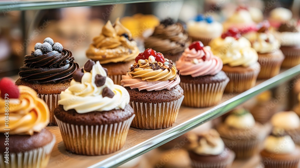 A well-lit bakery display featuring an array of artisanal cupcakes with various toppings and decorations A well-lit bakery display featuring an array of artisanal cupcakes with various toppings and decorations