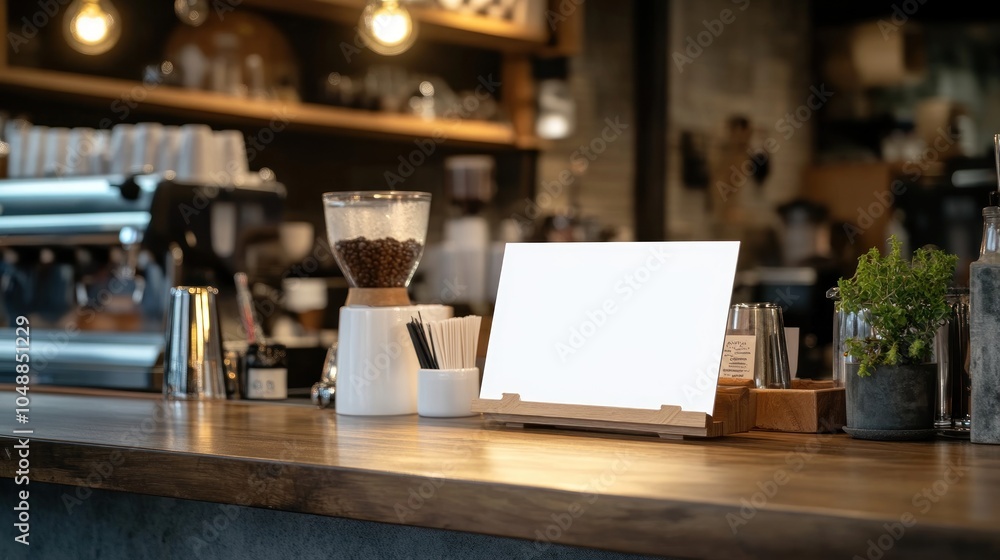 A cozy café interior featuring a coffee grinder and a blank display stand. A cozy café interior featuring a coffee grinder and a blank display stand.
