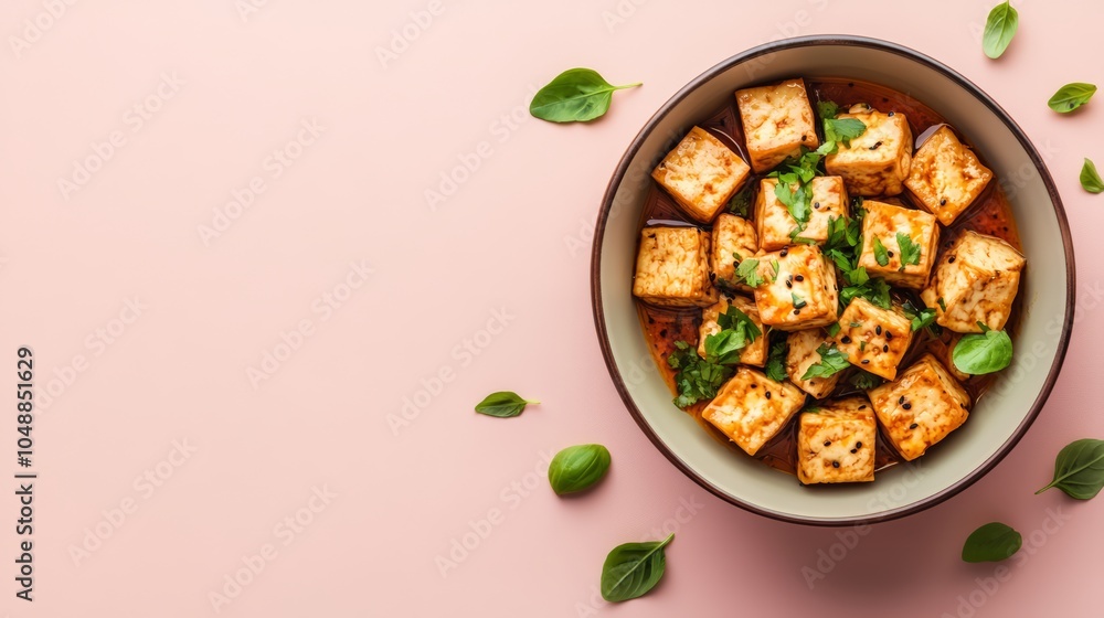 custom made wallpaper toronto digitalBowl of pan-fried tofu with a sweet and savory glaze and fresh basil leaves on a pink background.