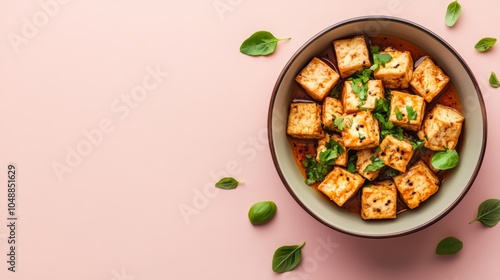 Wallpaper Mural Bowl of pan-fried tofu with a sweet and savory glaze and fresh basil leaves on a pink background. Torontodigital.ca