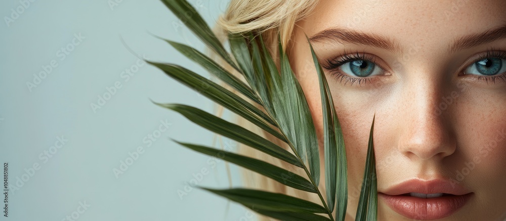 Naklejka premium Closeup of a young blonde woman with a palm leaf against a grey background. with copy space image. Place for adding text or design