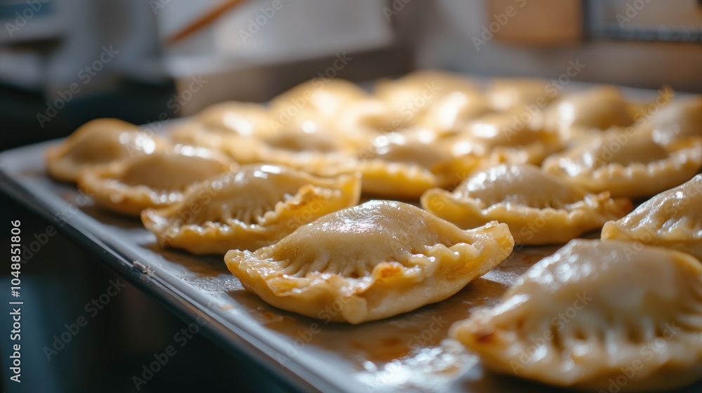 A tray of freshly made dumplings ready for cooking or serving. A tray of freshly made dumplings ready for cooking or serving.
