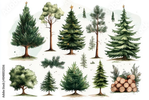 Various types of evergreen trees with detailed illustrations on a light background showcasing nature's beauty