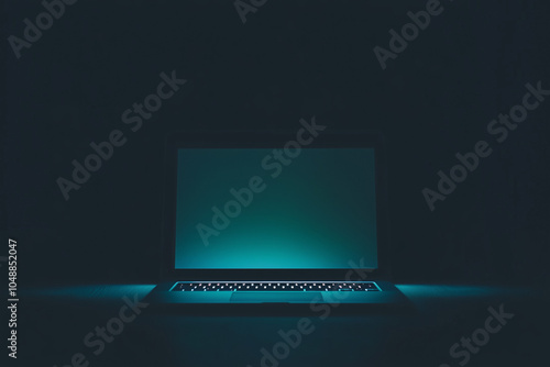 A minimalistic dark background with a glowing teal laptop, creating an atmosphere of calm and focus.