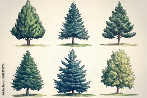 A collection of illustrated trees showcasing various species in a natural setting