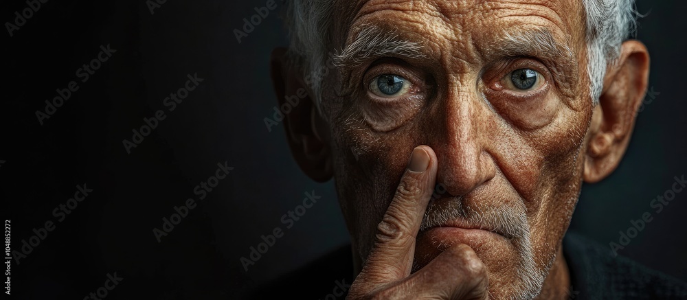 Portrait of an elderly man with his finger on his lips It s a secret. with copy space image. Place for adding text or design Portrait of an elderly man with his finger on his lips It s a secret. with copy space image. Place for adding text or design