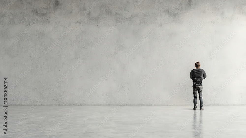 Person hugging themselves tightly, standing in the middle of an empty room Person hugging themselves tightly, standing in the middle of an empty room
