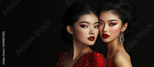 Two models in evening gowns...