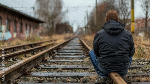 Person sitting in an abandoned train station, waiting in vain, loneliness