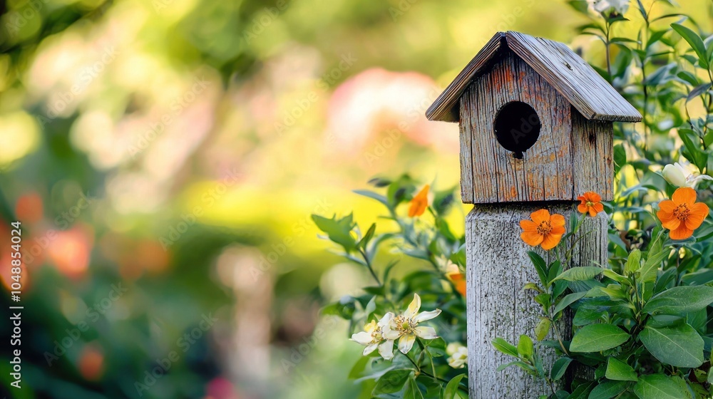 A charming rustic birdhouse mounted on a post in a serene backyard with blooming flowers. A charming rustic birdhouse mounted on a post in a serene backyard with blooming flowers.