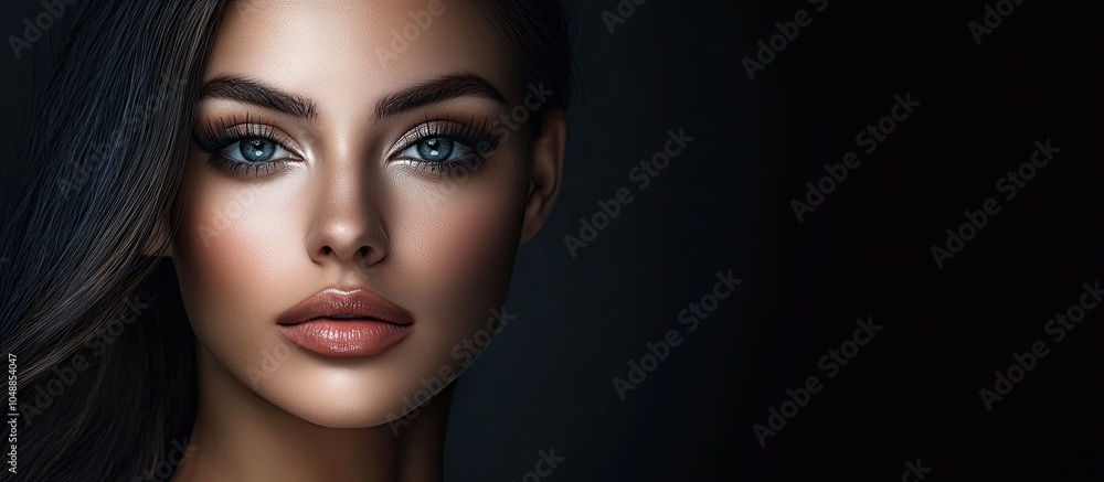Beautiful woman with stunning makeup one half of the photo is retouched and the other half is unretouched Close up portrait on a dark background Before and after. with copy space image Beautiful woman with stunning makeup one half of the photo is retouched and the other half is unretouched Close up portrait on a dark background Before and after. with copy space image