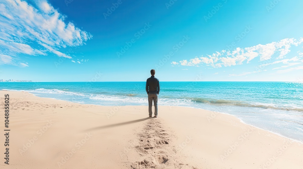 Person standing on a deserted beach, looking out at the ocean, feeling overwhelmed Person standing on a deserted beach, looking out at the ocean, feeling overwhelmed