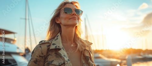 Mature attractive woman dressed in a military jacket and beige attire enjoying a leisurely sunny day at a marina under a blue sky with copyspace Stunning sunset at the yacht club photo