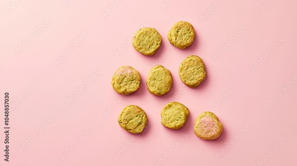 Nine round cookies with pink frosting on a pink background. Nine round cookies with pink frosting on a pink background.