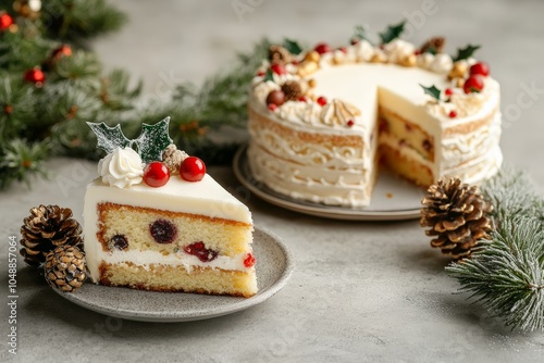 Wallpaper Mural Festive holiday cake with berries and pinecones surrounded by evergreen branches Torontodigital.ca