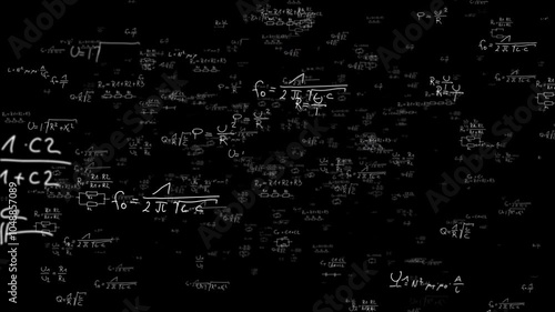 Hand drawn physics formula background animation, electric and electronic basic formulas flying through 3D space from a blackboard, concepts, ideas, 4k