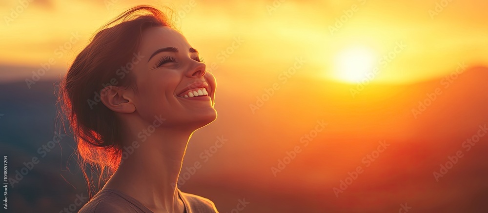 Smiling Woman at Sunset A Vibrant Representation of Freedom and Happiness. with copy space image. Place for adding text or design Smiling Woman at Sunset A Vibrant Representation of Freedom and Happiness. with copy space image. Place for adding text or design
