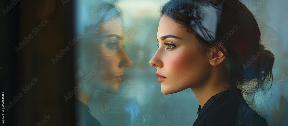 Portrait of a Woman in Deep Thought and Serious Reflection. with copy space image. Place for adding text or design Portrait of a Woman in Deep Thought and Serious Reflection. with copy space image. Place for adding text or design