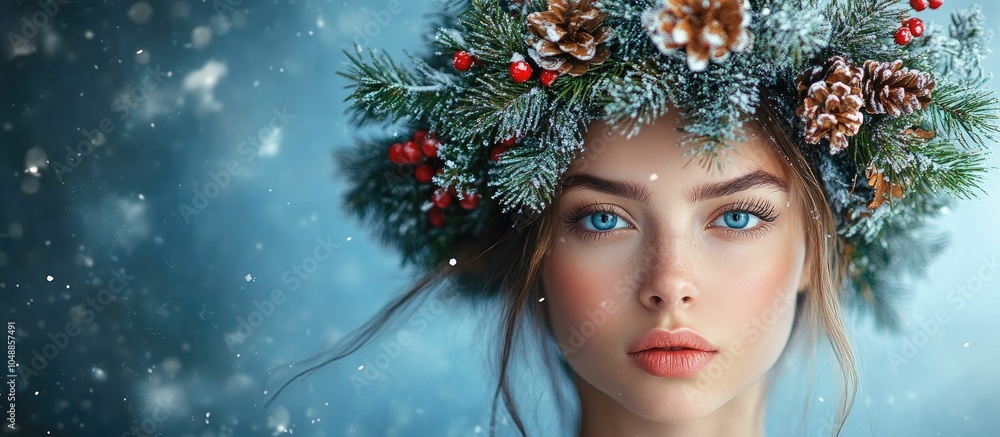 Christmas winter beauty woman Enchanting girl wears a Christmas spruce wreath on her head against a blue snowy backdrop The ambiance is magical Copy space Christmas winter beauty woman Enchanting girl wears a Christmas spruce wreath on her head against a blue snowy backdrop The ambiance is magical Copy space