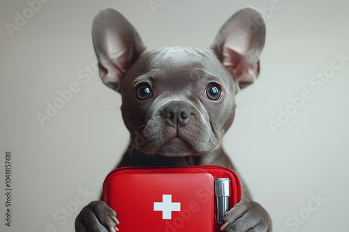 A cute dog holding a first aid kit. Concept of medical care for pets and companion animals