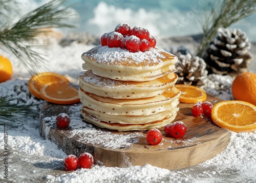 Festive pancakes with powdered sugar, cranberries, and oranges for a cozy winter breakfast photo