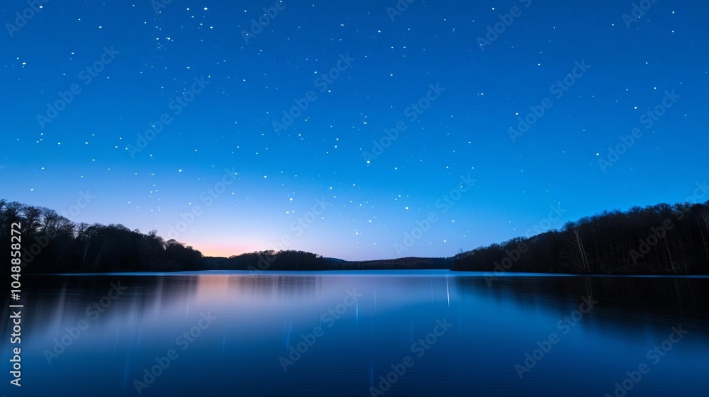 A serene lakeside view with a star-filled sky reflecting on the water, Night landscape, tranquility A serene lakeside view with a star-filled sky reflecting on the water, Night landscape, tranquility