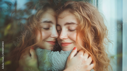 Woman hugging her reflection, self acceptance. Woman hugging with her reflection in the mirror, self-acceptance, self care concept