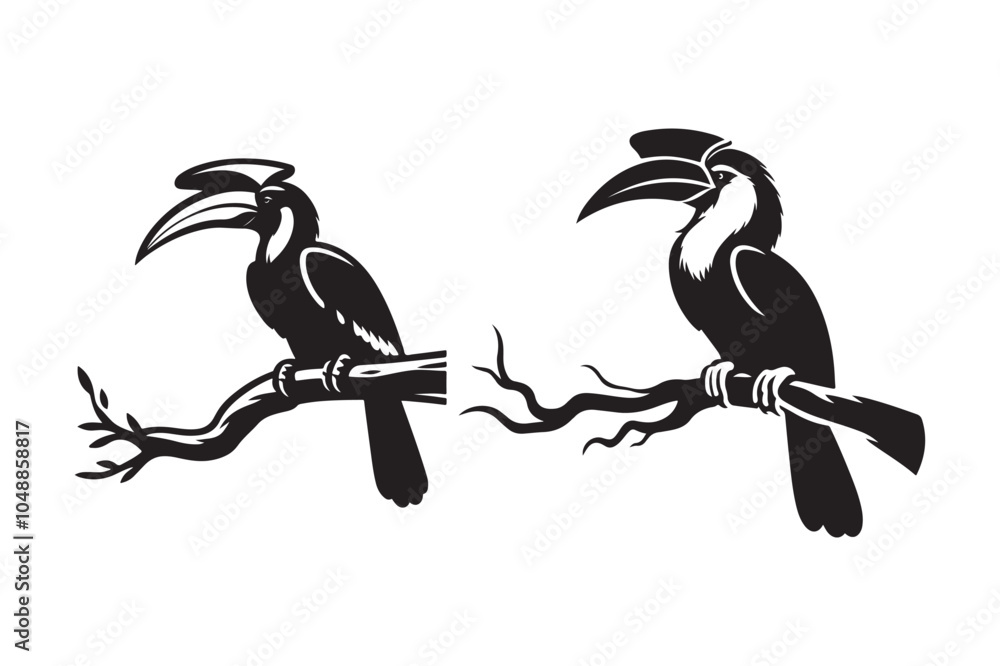Obraz premium Hornbill sitting-on a tree silhouette vector illustration, Hornbill silhouette vector