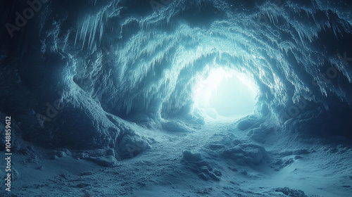Jaskinia lodowa z chłodnym mroźnym odcieniu, tapeta generative ai